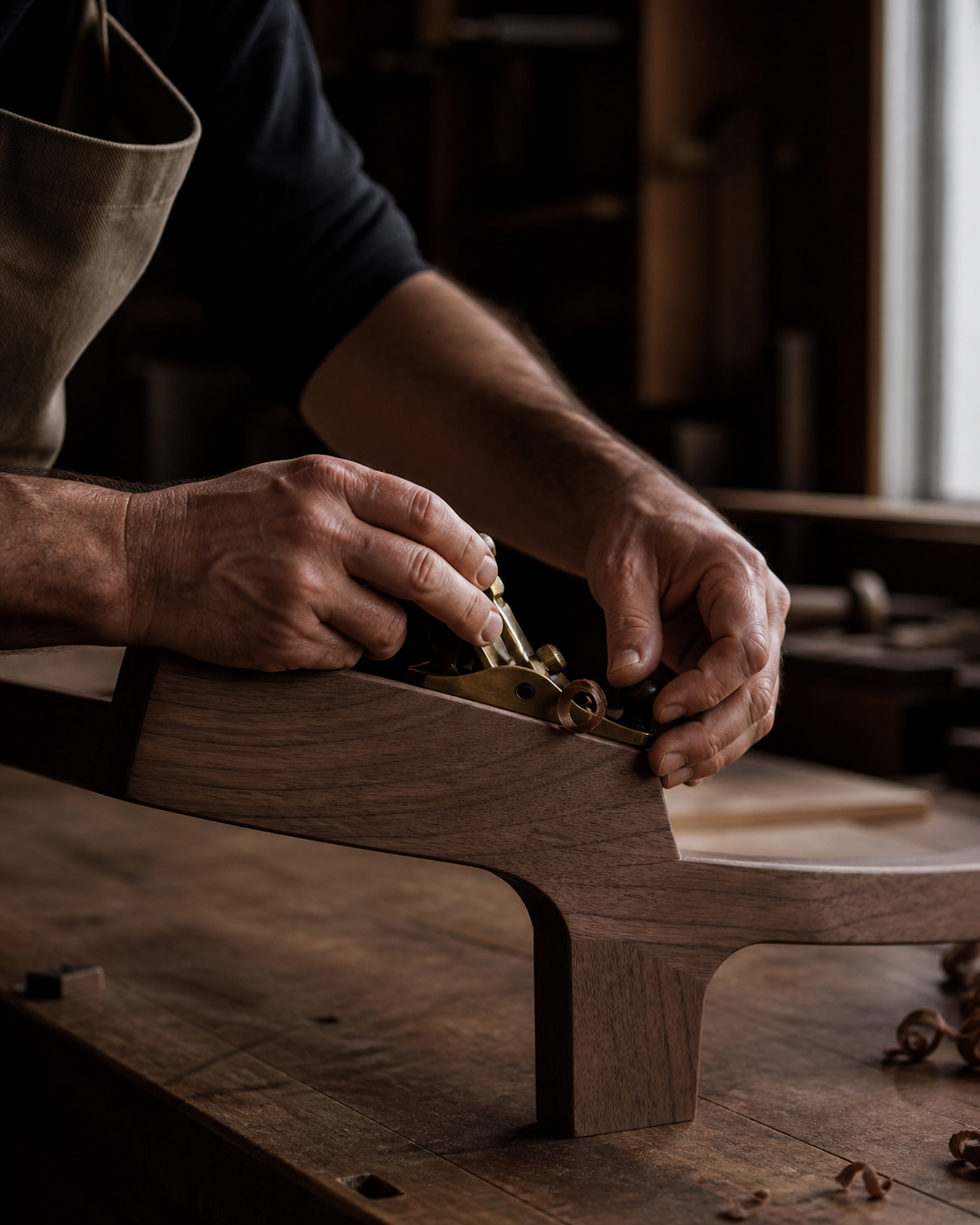 Craftsperson refining a walnut furniture joint with a brass hand plane